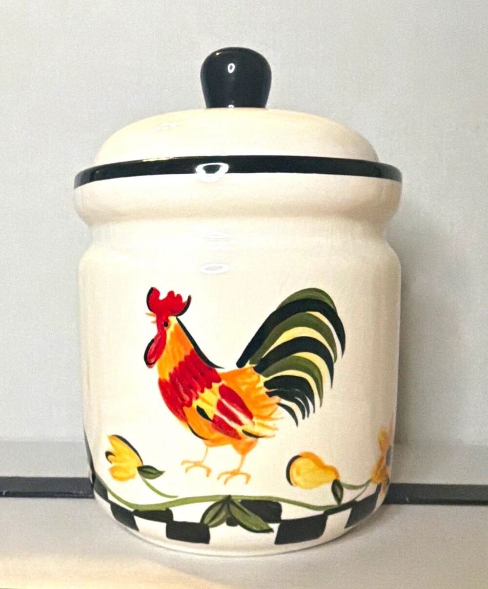 Lynn's China Rooster Check 8" Ceramic Cookie Jar w/ Lid Rooster Flowers Country